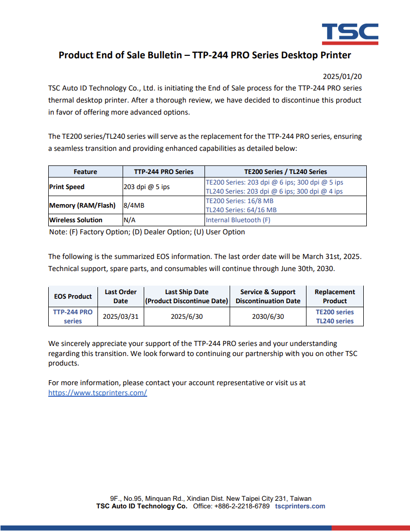 End of Sale TTP-244 PRO