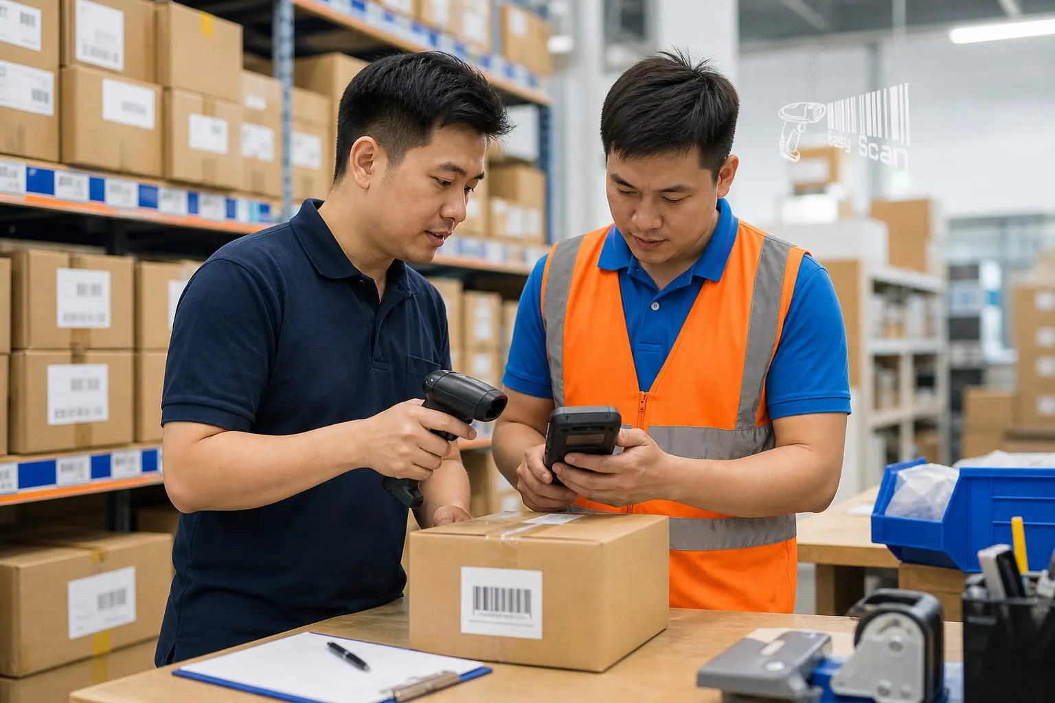 Technical specialist helping warehouse staff check a barcode scanner and mobile computer