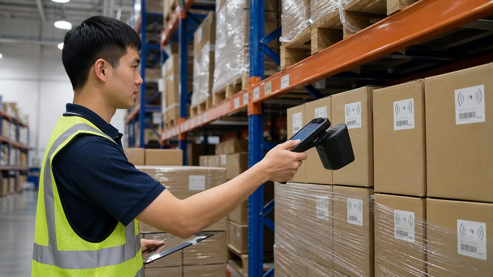 倉庫人員使用 RFID 讀取器盤點貼有 RFID 標籤的貨箱