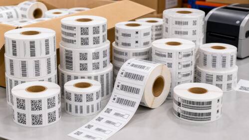 Barcode label rolls close-up with varied printed barcode designs