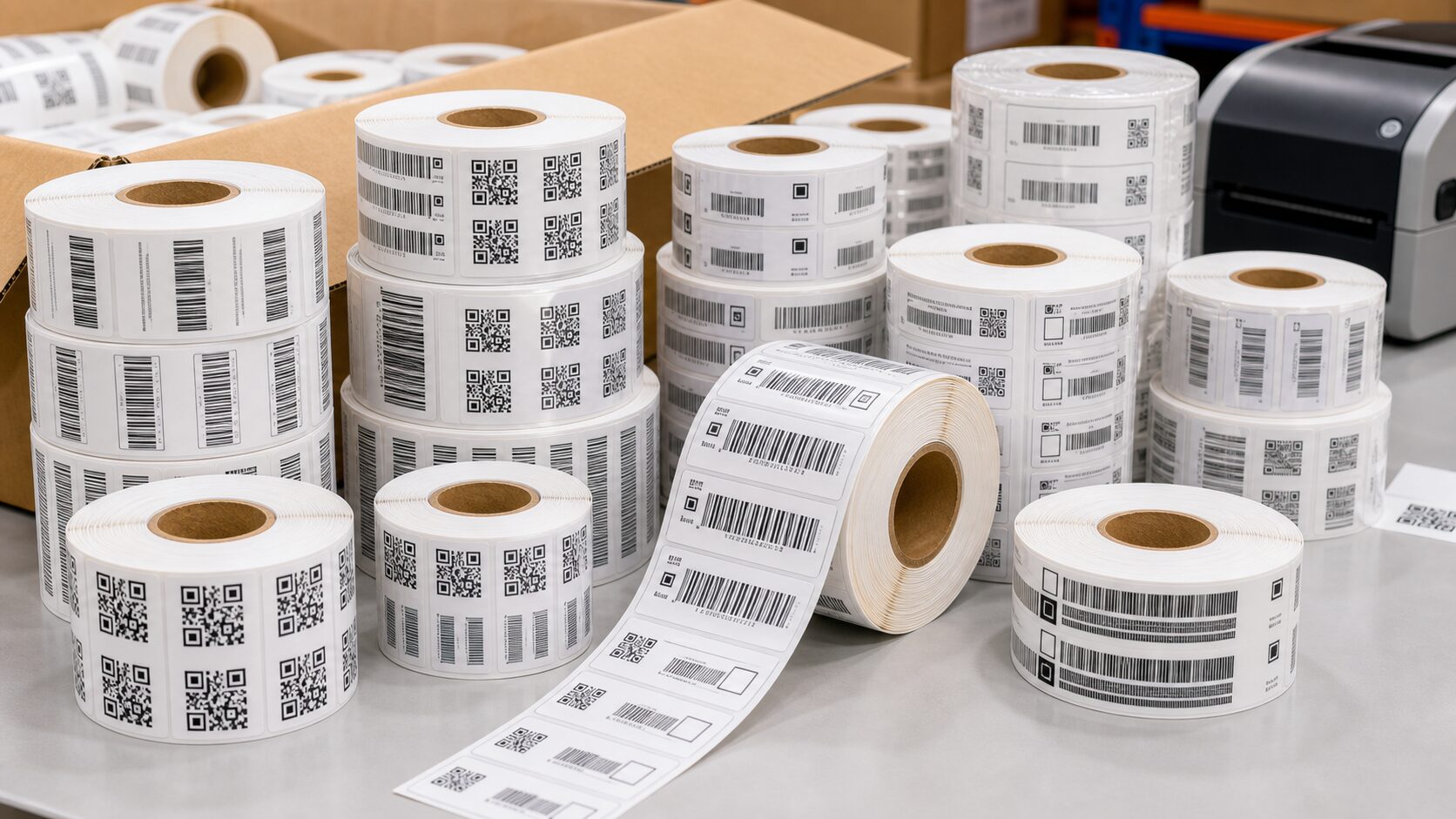 Barcode label rolls close-up with varied printed barcode designs Barcode label rolls close-up with varied printed barcode designs