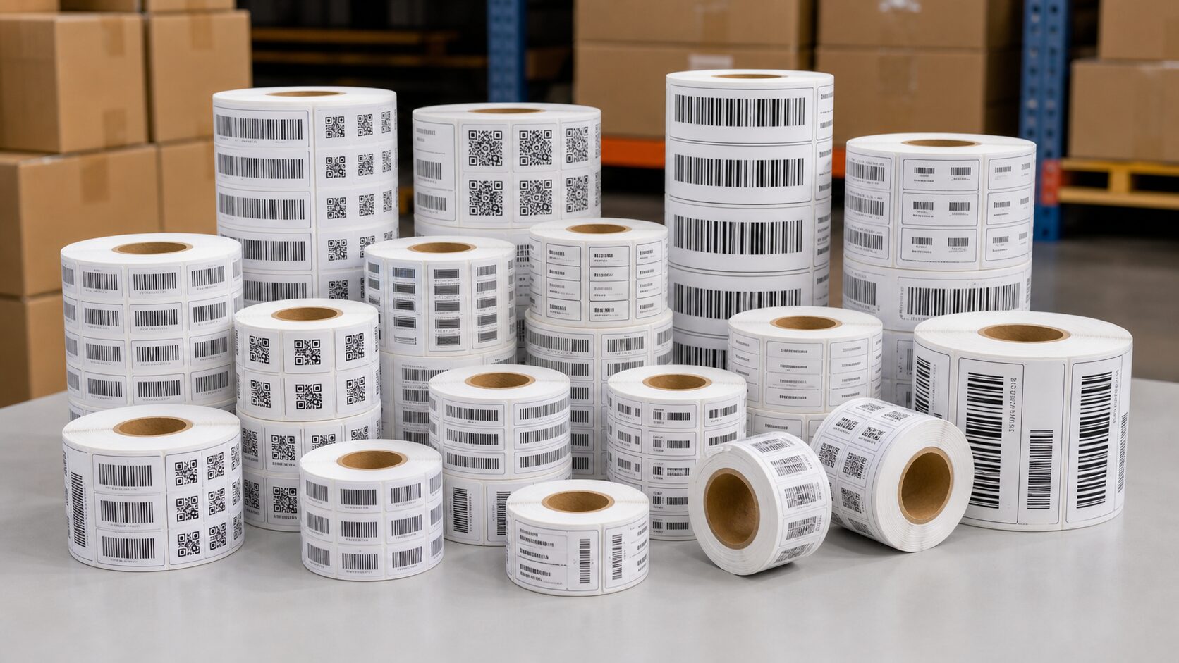 Barcode label rolls tidy product display Barcode label rolls tidy product display