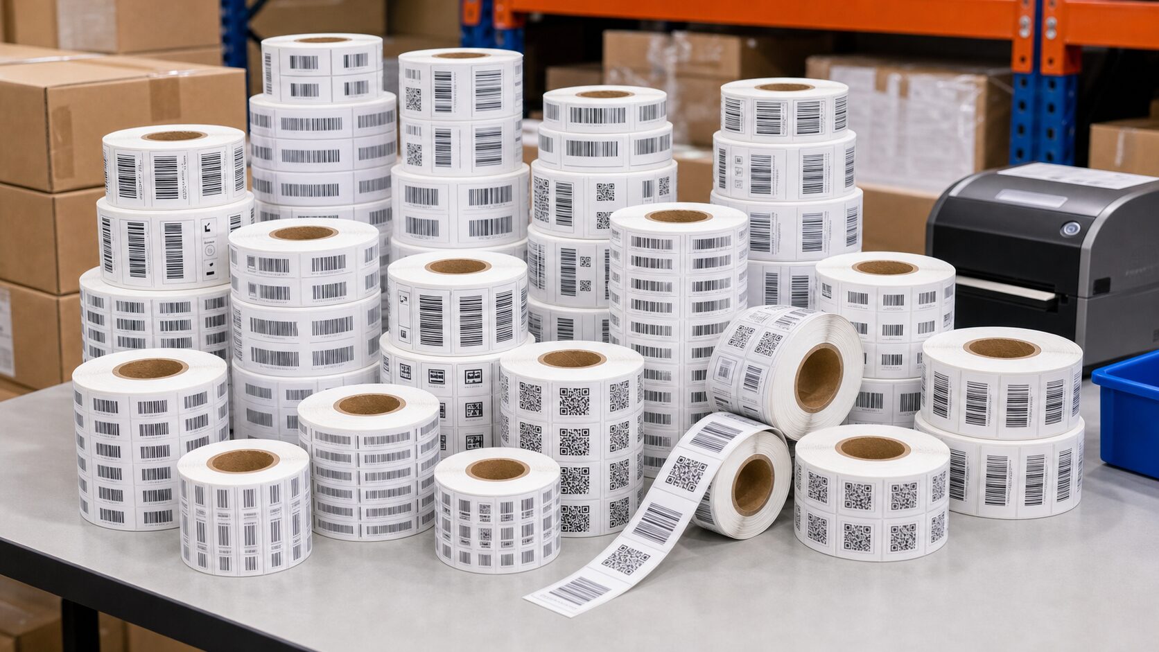 Bulk barcode label rolls with varied printed barcode layouts Bulk barcode label rolls with varied printed barcode layouts
