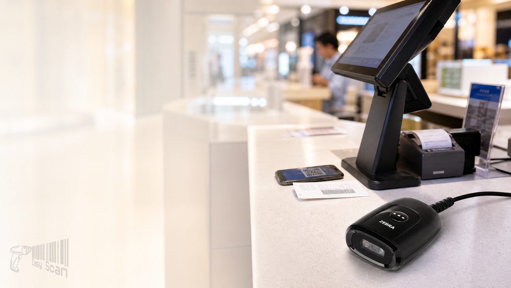 Zebra DS55 fixed mount barcode scanner in a Hong Kong retail counter workflow