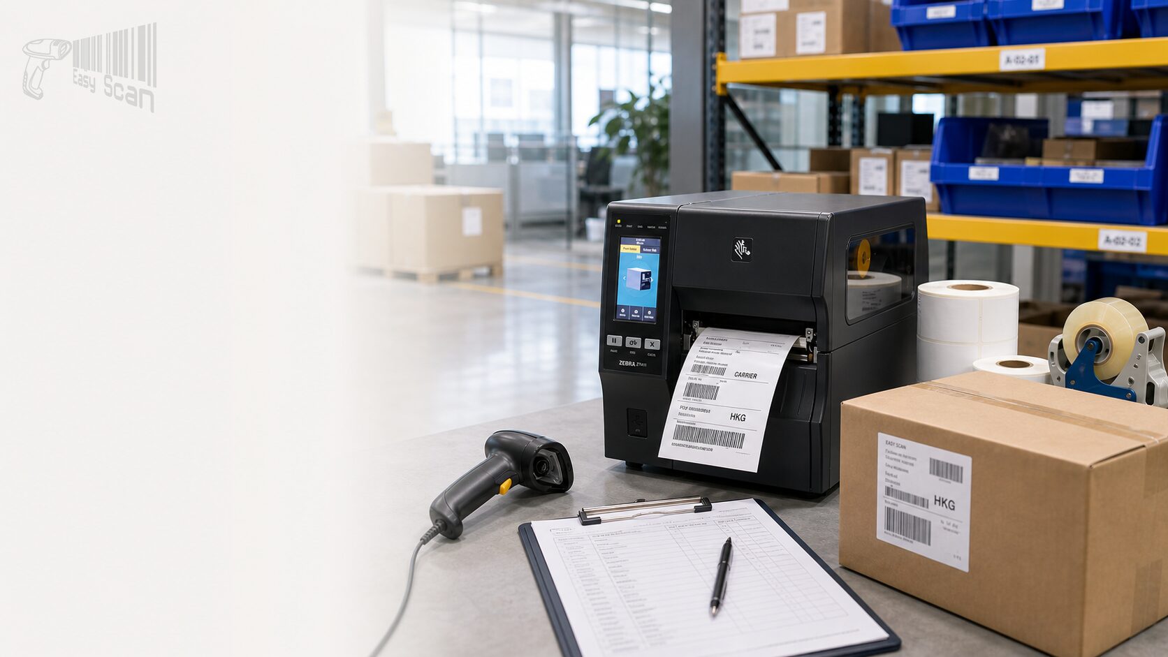 Zebra ZT411 Industrial Barcode Printer packing table workflow image