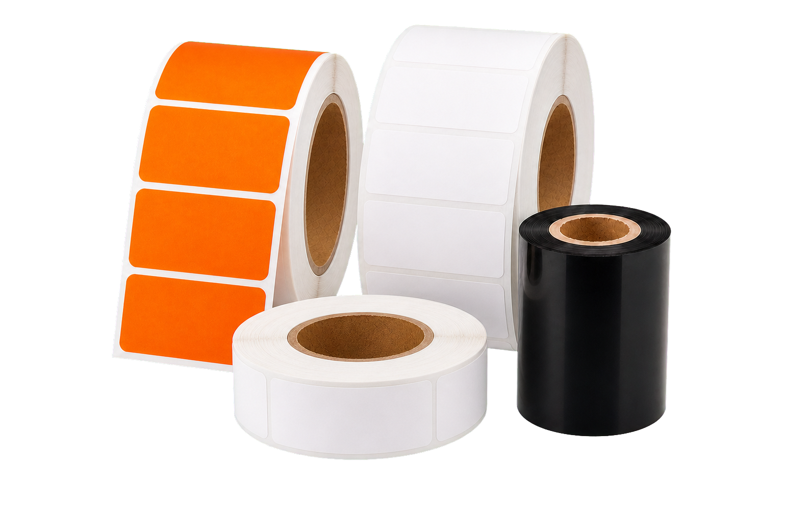 Solid orange label roll, two blank white label rolls and thermal-transfer ribbon