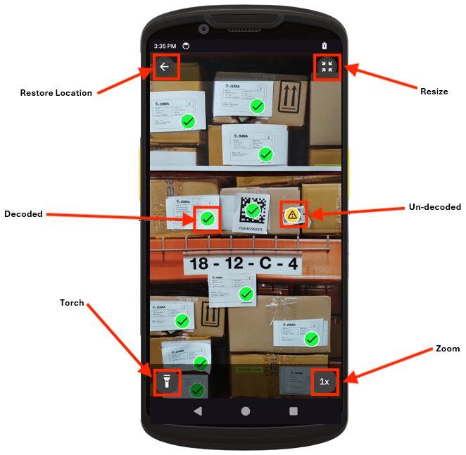 Zebra AI Data Capture viewfinder locating parcel barcodes