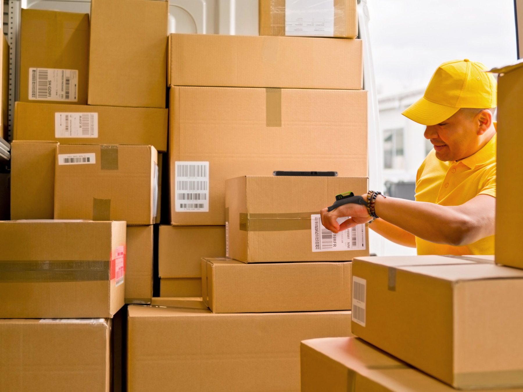 Delivery worker scanning packages during carrier handover