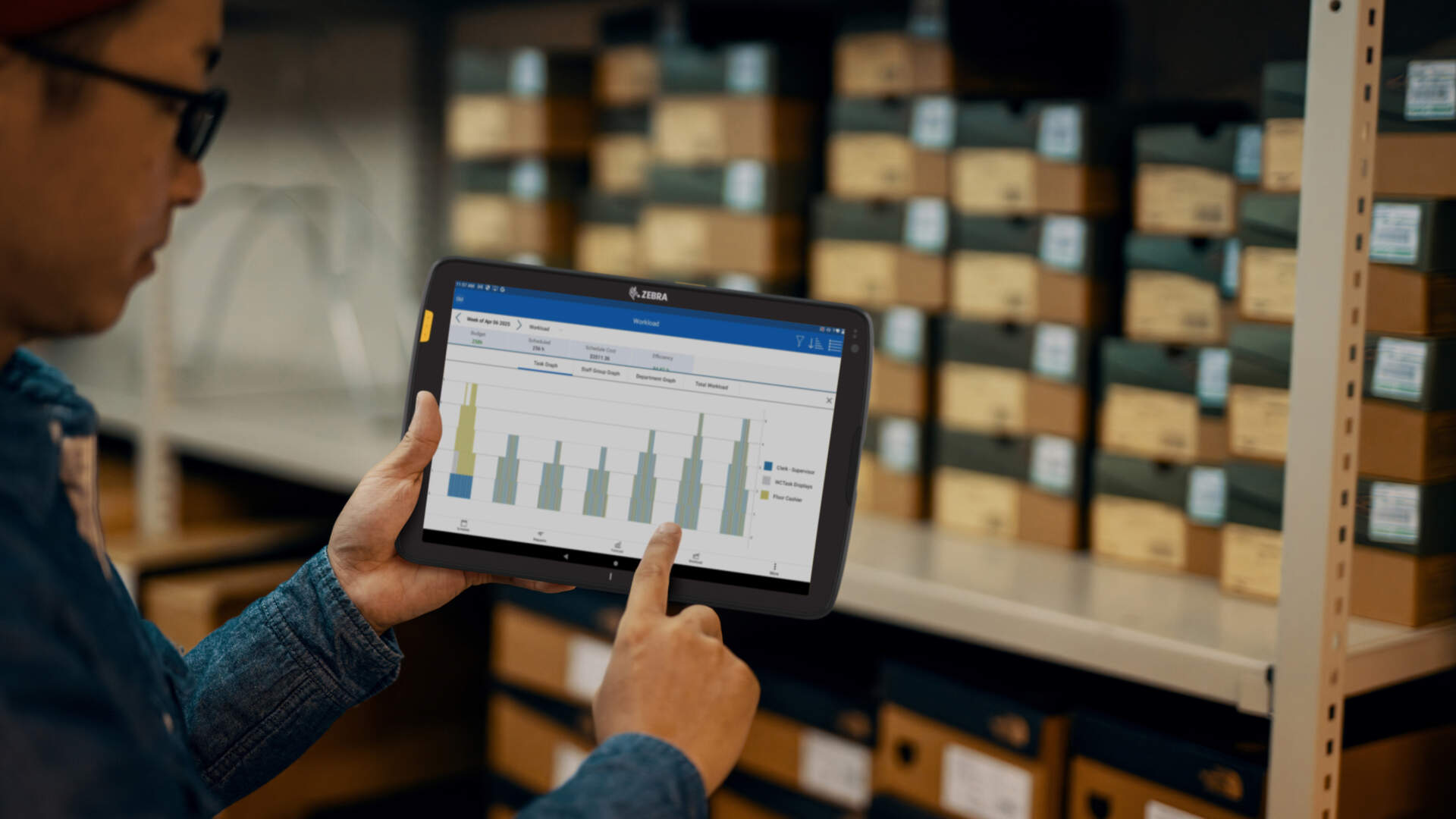 Retail team reviewing stock information on a tablet in a store stockroom