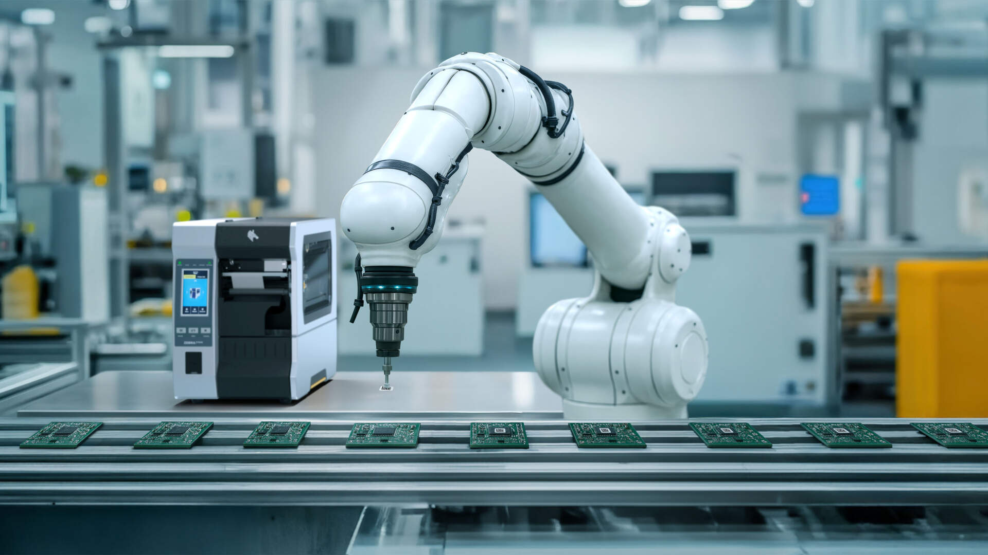 Industrial printer supporting automated micro-label application in electronics manufacturing